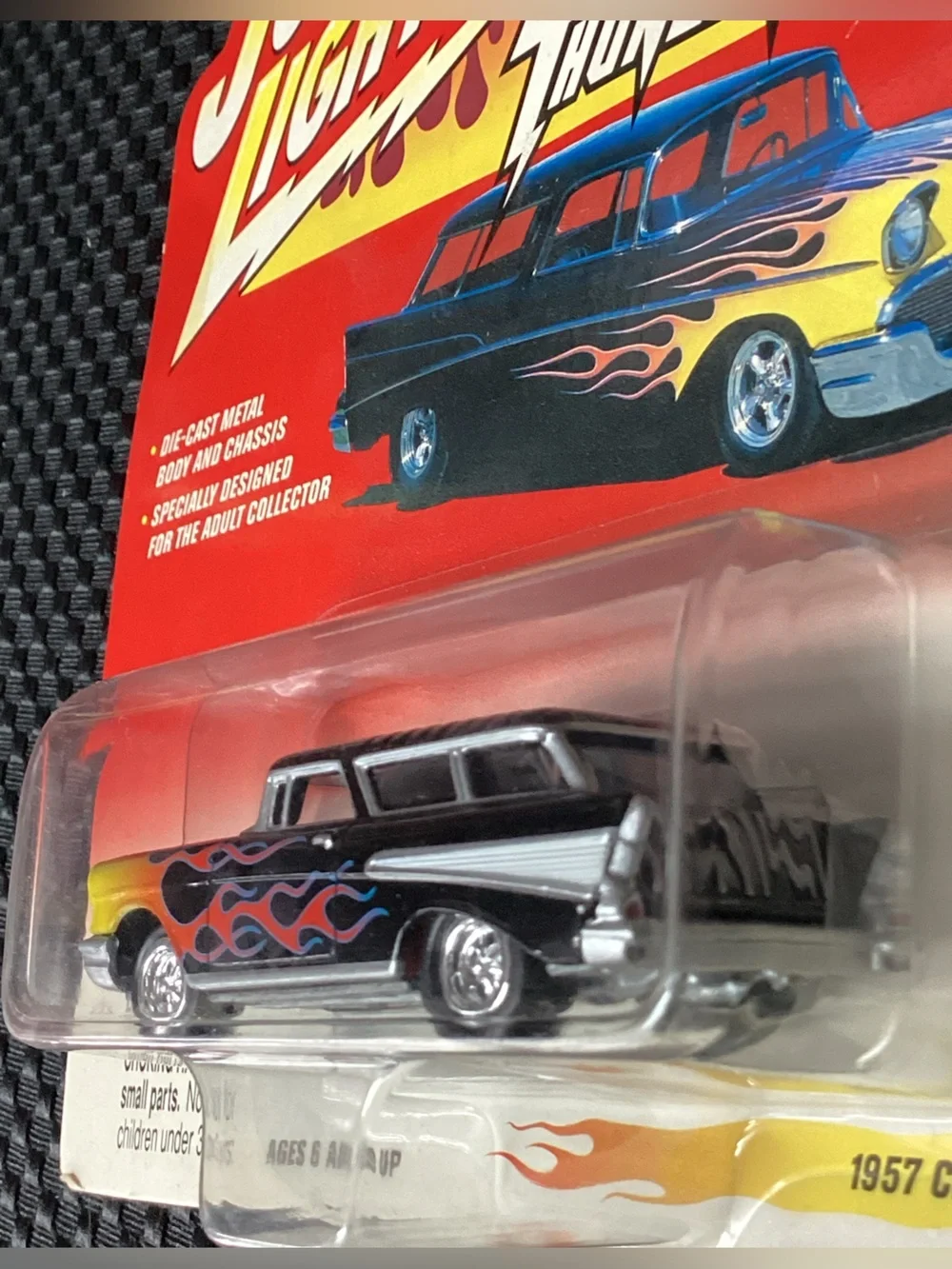 Johnny Lightning 1957 Chevy Nomad Thunder Wagons Black Yellow Flame Die-Cast Car